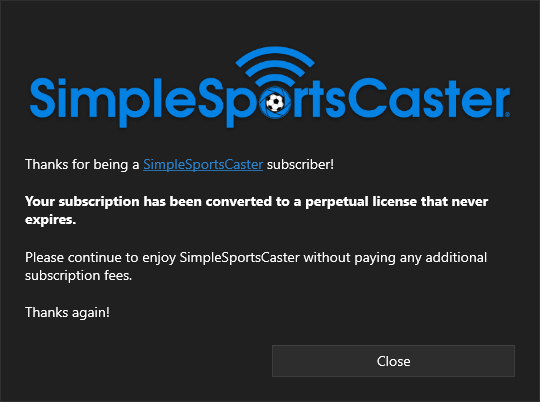 SimpleSportsCaster subscription conversion message